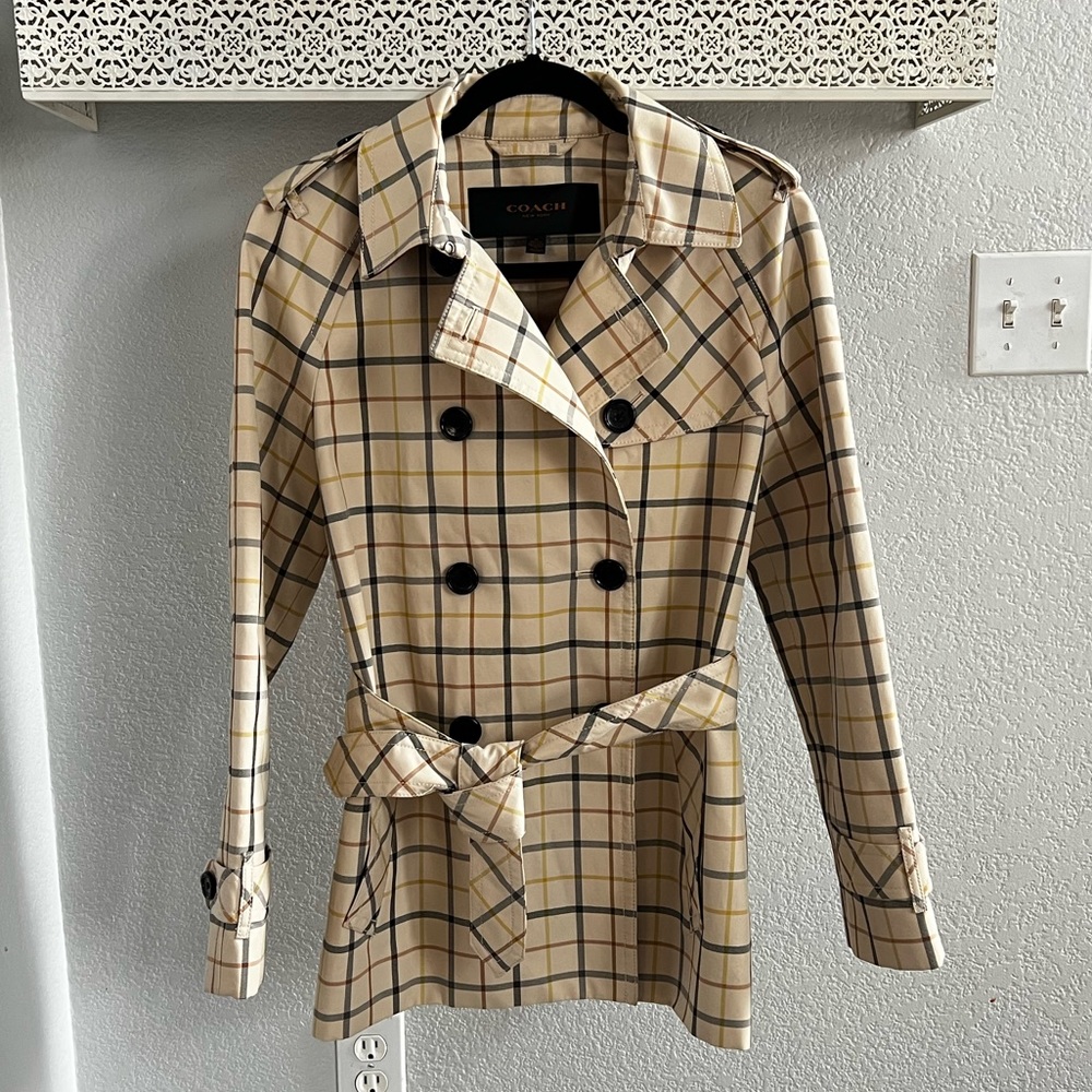 Coach Tattersall double breasted plaid trench coat